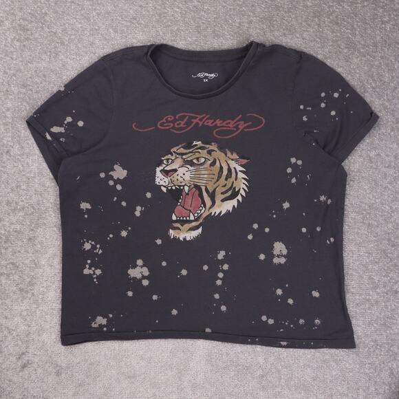 Vintage Ed Hardy Tiger Black Bleach Splash XL Short Sleeve Single Stitch T-Shirt - Picture 1 of 10